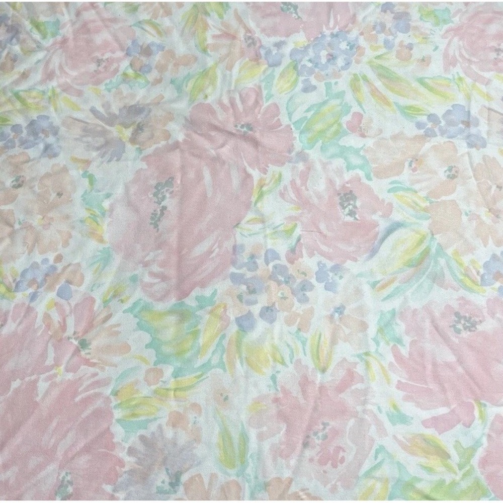 Vintage 80s Pastel Watercolor Floral Tablecloth Topper Square Pink Blue 43 X 41